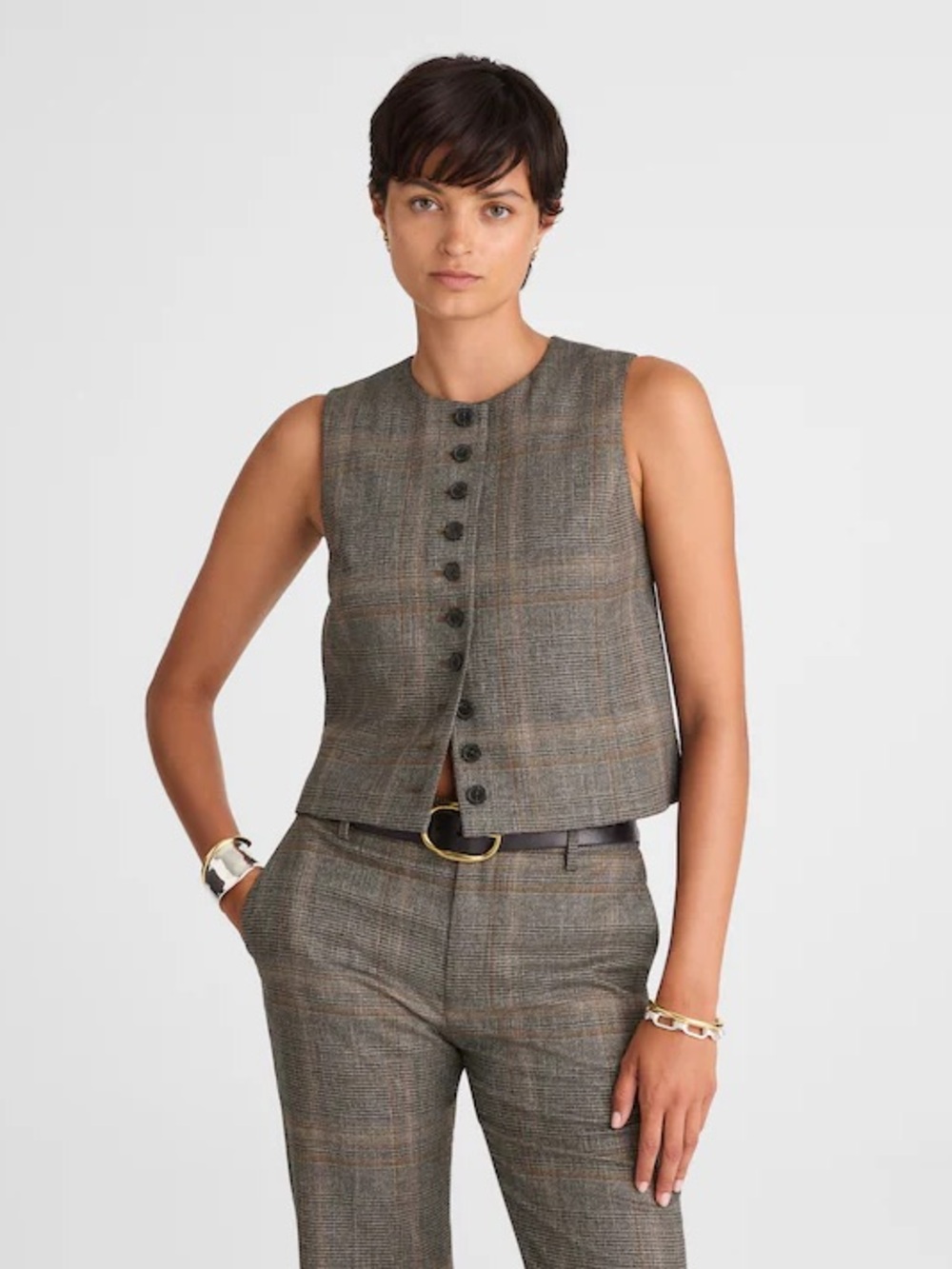 NWOT Madewell Brown Plaid Sleeveless Crewneck Shell Vest Italian Merino Size 6